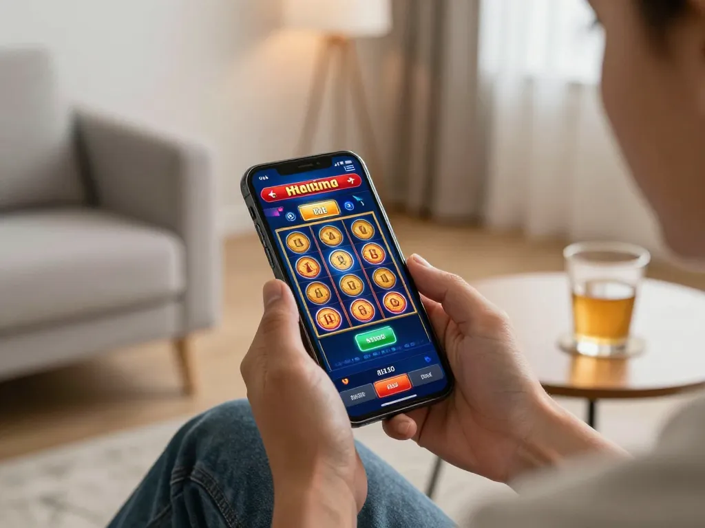 Cwin mobile gaming session on a smartphone, showcasing thrilling slot interface, in a cozy living room setting.