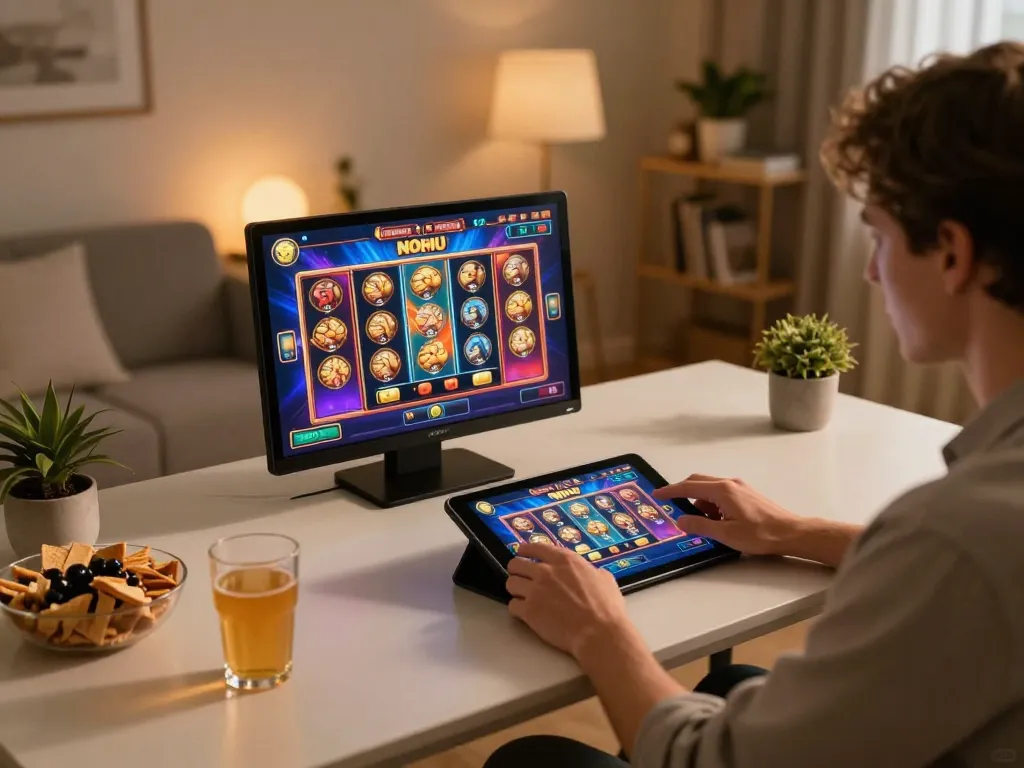 Nohu slot game gameplay on a tablet in a cozy home gaming setup during evening hours