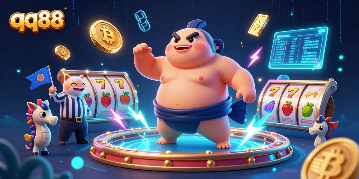 Engage in exciting gambling with qq88 and vibrant slot reels featuring iconic symbols and crypto elements.