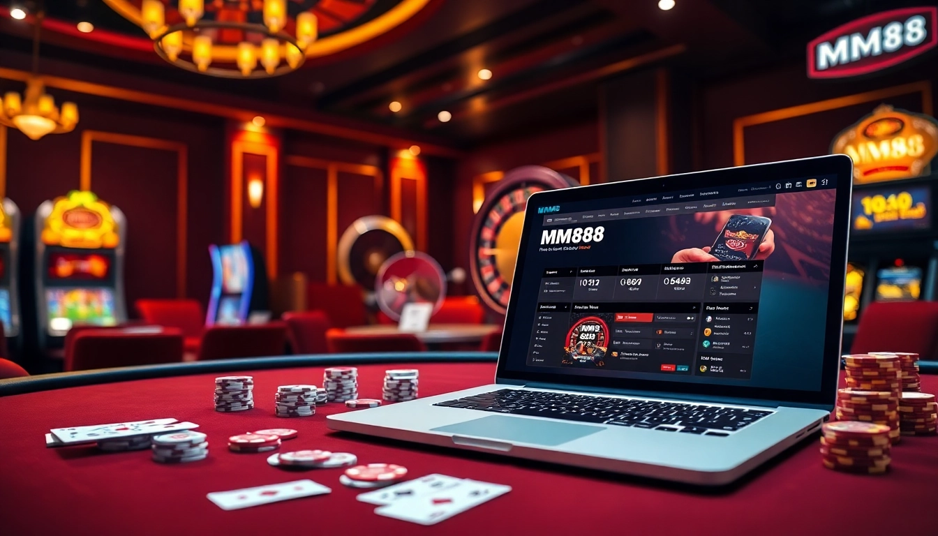 MM88 casino scene with players gambling at tables and online betting interface.