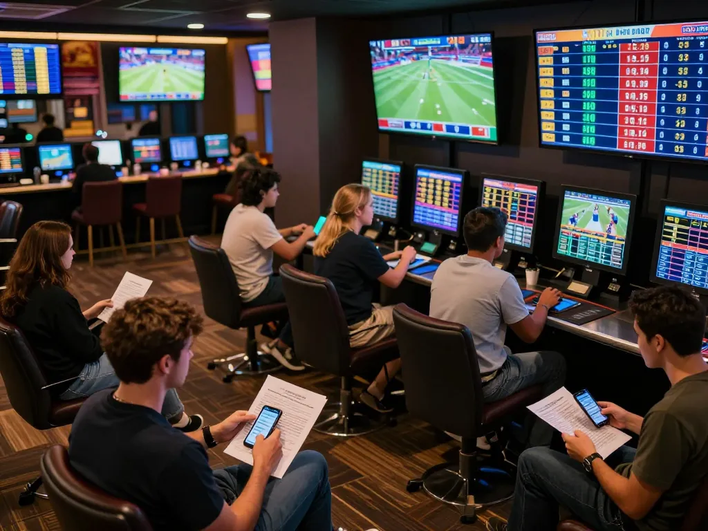 SIN88 bettors enthusiastically studying odds in a bustling sportsbook, vibrant displays illuminating the excitement.