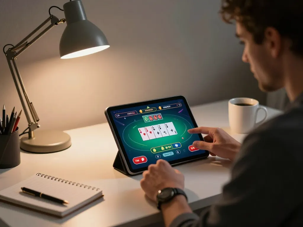 Player enjoying online poker at home with New 88 app on tablet.