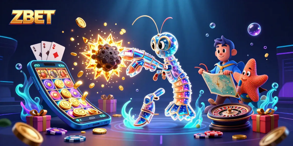 ZBET showcases the galactic samurai mantis shrimp amidst golden coins in a vibrant casino world.