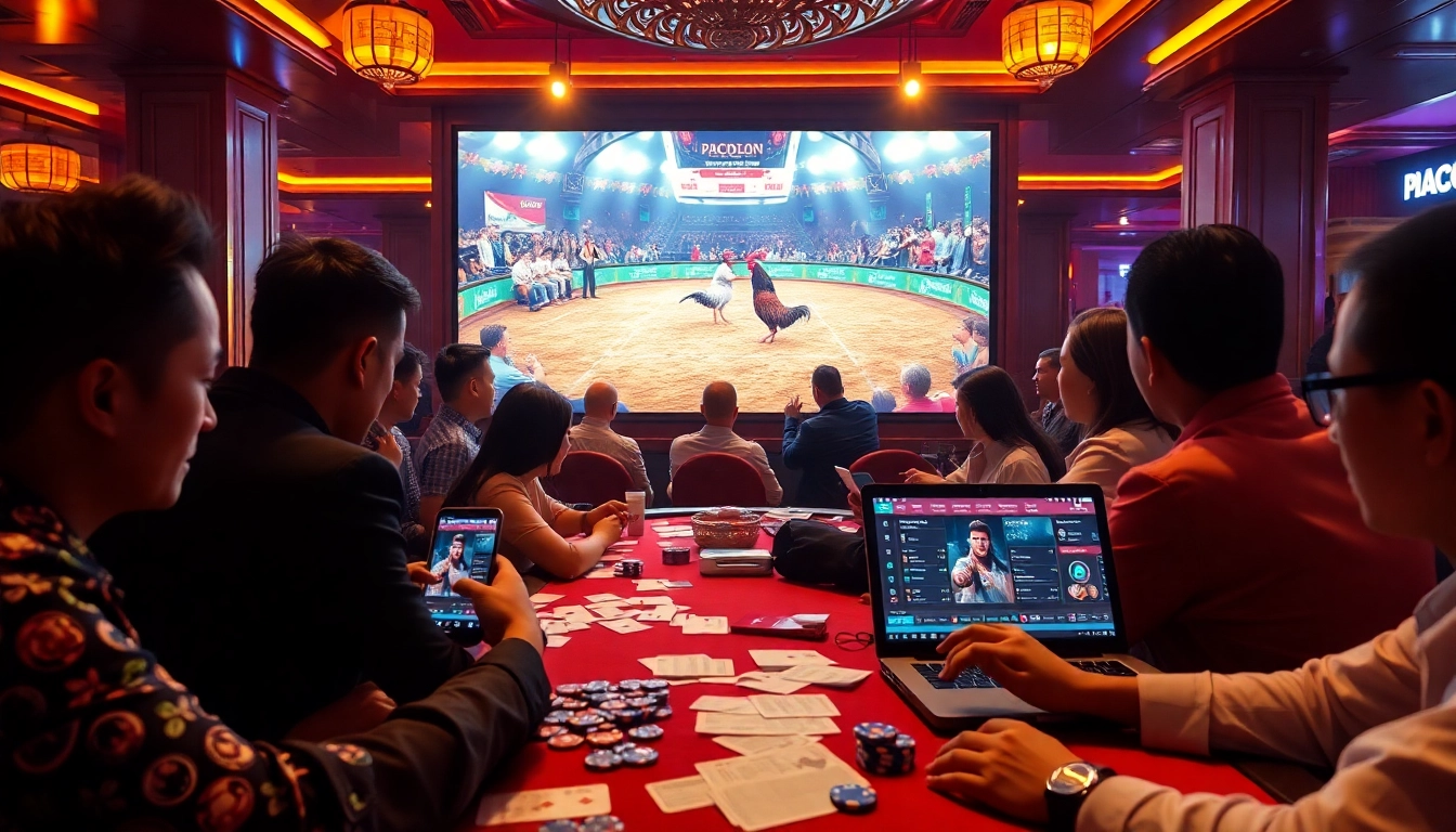 Experience the thrill of đá gà trực tiếp in a vibrant casino atmosphere filled with excitement and luxury.