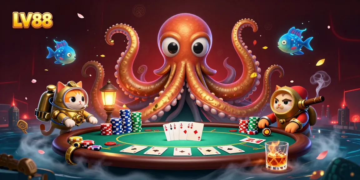 Experience LV88 with a colossal kraken and a diving cat at a vibrant poker table.