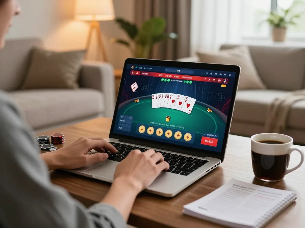 Player engaging in exciting online poker at home, using tg887 app with comfortable atmosphere and effective strategies.