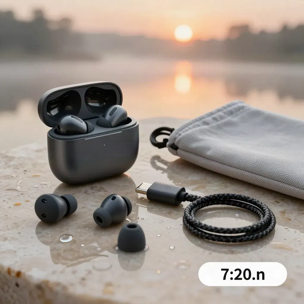 Auricolari Bluetooth neri aperti su pietra bagnata con cavo USB-C e accessori, luce mattutina.