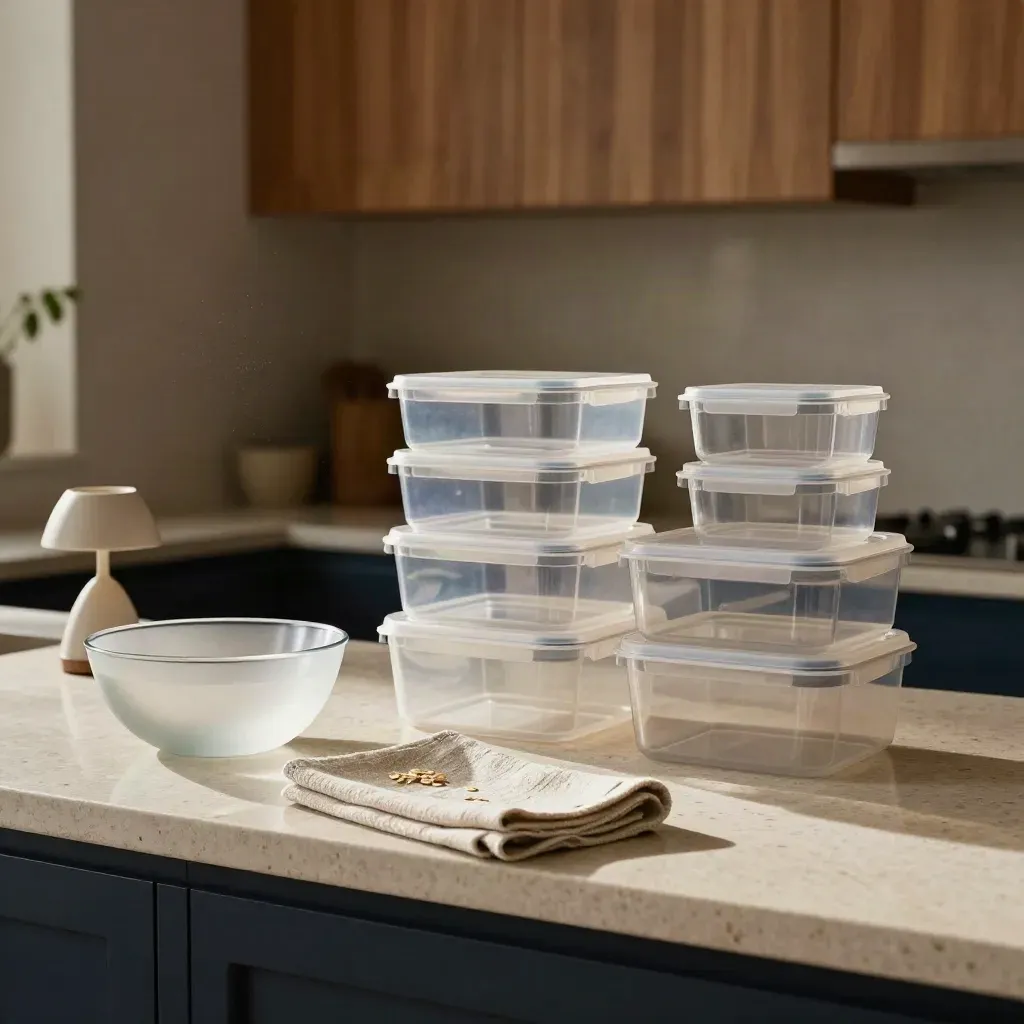 Set casa smart con contenitori impilati, ciotola satinata, lino e lampada spenta su piano in travertino.