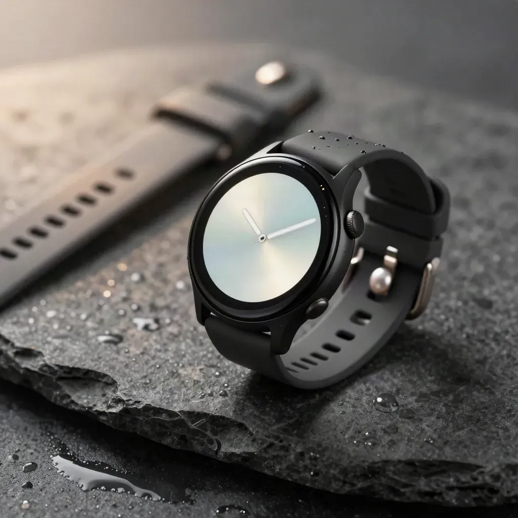 Smartwatch nero su pietra bagnata con cinturini extra e riflessi macro.