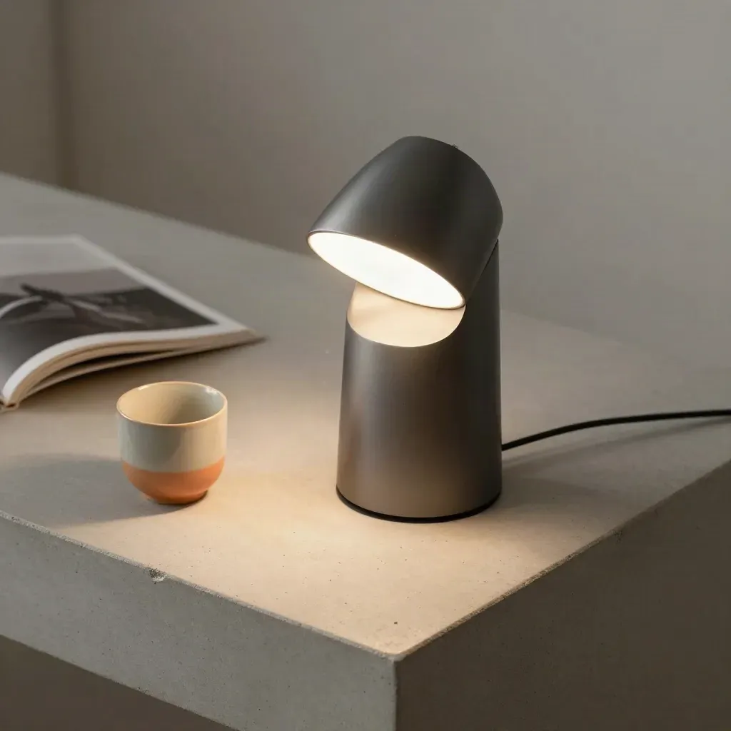 Lampada LED da tavolo con tazza in ceramica e libro chiuso su fondo in cemento.