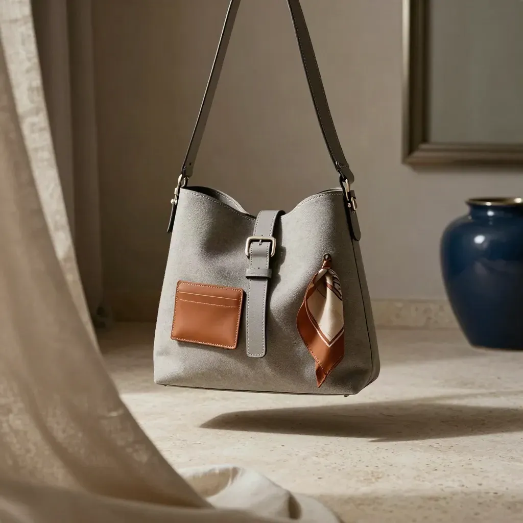 Borsa a tracolla eco in tela greige con sciarpa e portacarte su drappo di lino.