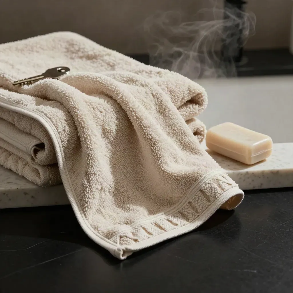 Pile di asciugamani crema e pietra con sapone neutro su travertino, luce drammatica e vapore.