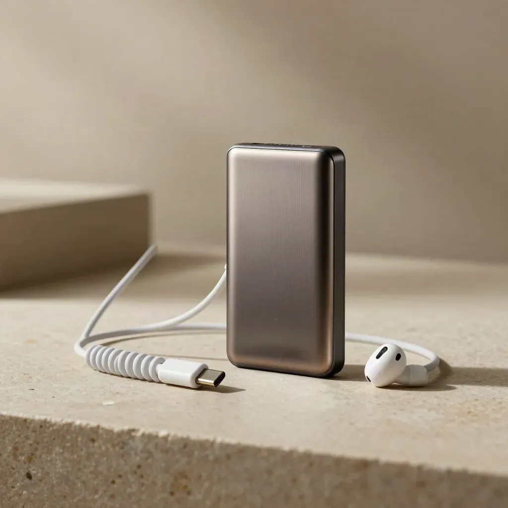 Power bank in metallo con cavo USB-C, auricolare e adattatore su pietra chiara.