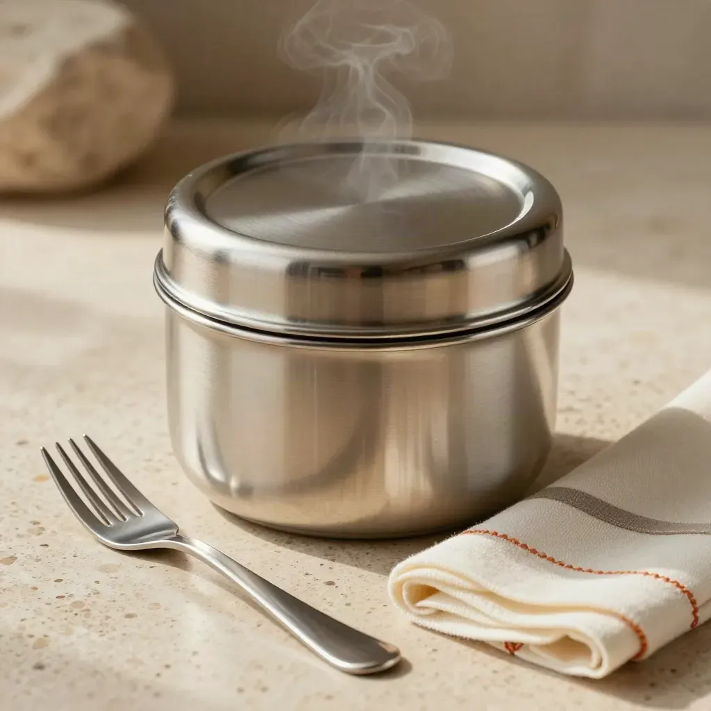 Porta pranzo termico in acciaio satinato con posate e tovagliolo su travertino