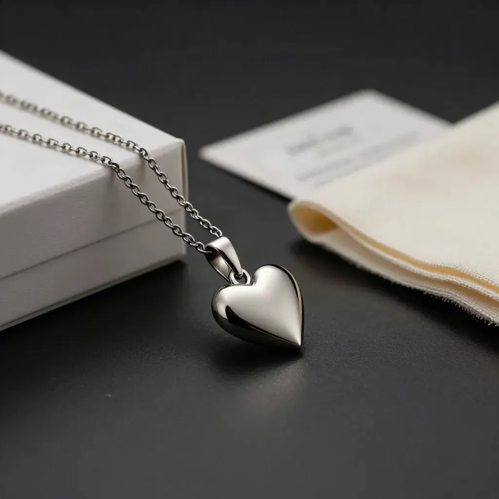 Collana in acciaio lucido con ciondolo cuore, scatolina e panno morbido su fondo nero