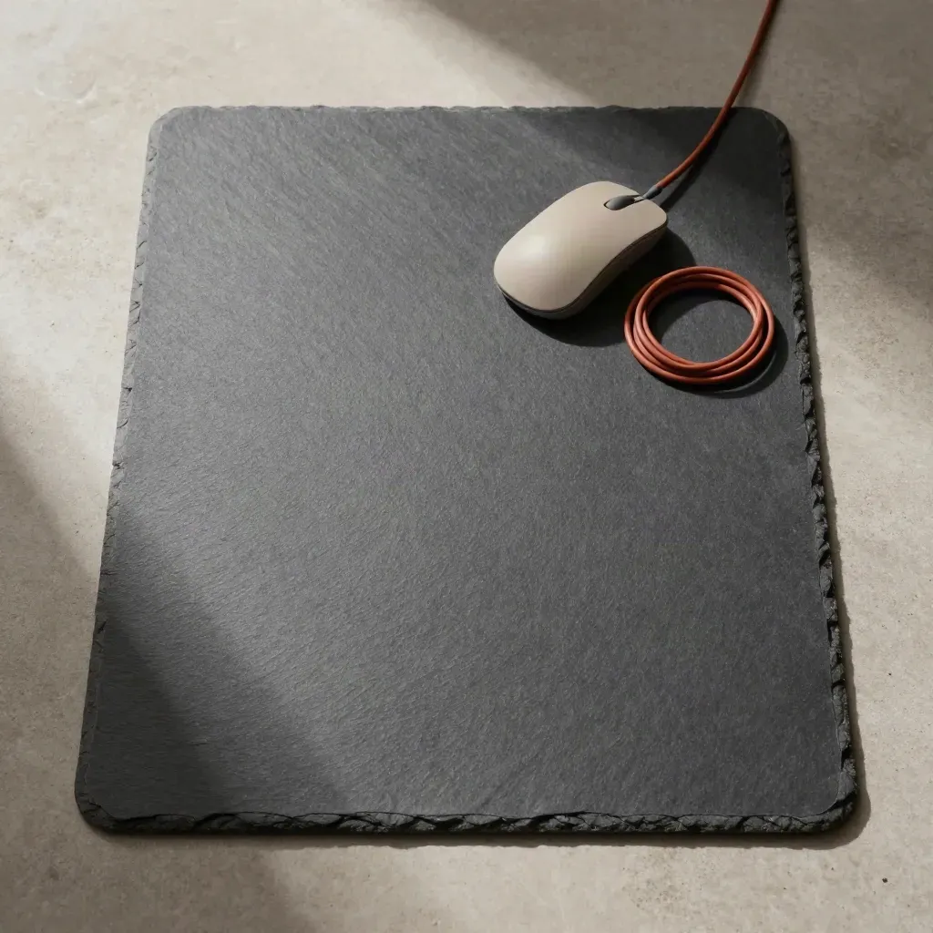 Tappetino mouse XXL ardesia con mouse neutro e cavo arrotolato su pietra chiara