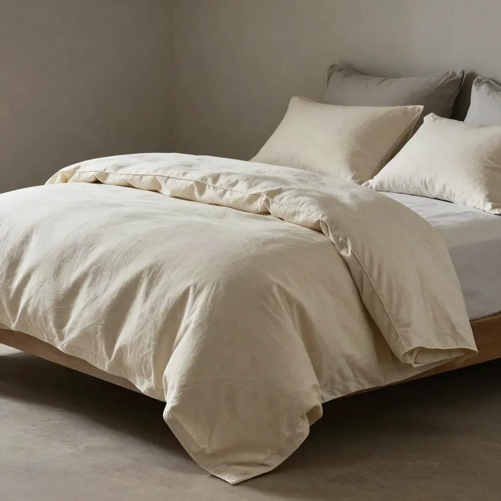Copripiumino avorio piegato su un letto, con cuscino e lenzuolo coordinati, luce morbida.