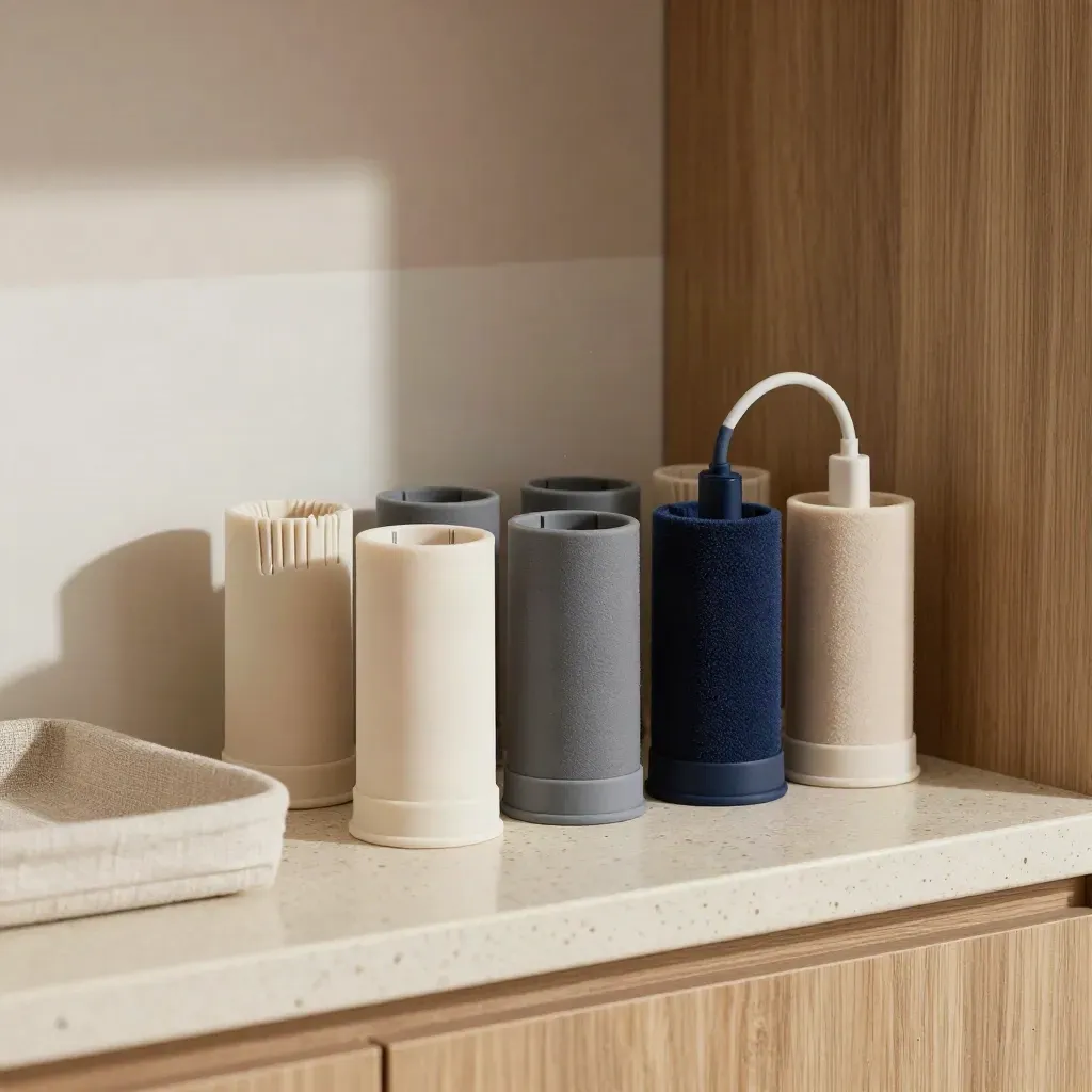 Set da 6 organizer cavi su ripiano chiaro, con cavi sottili e ombre nette