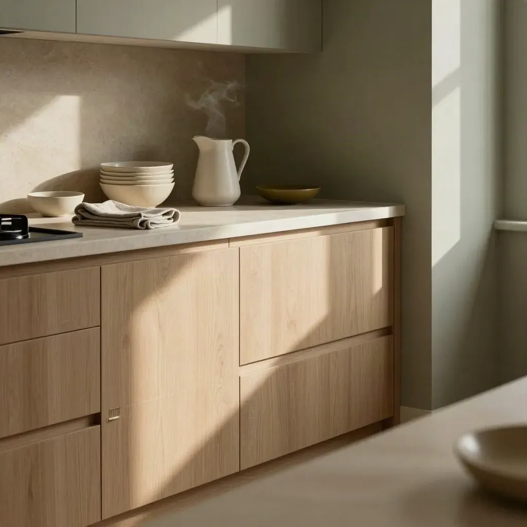Cucina luminosa in legno chiaro con isola in pietra e ceramiche neutre, luce morbida.