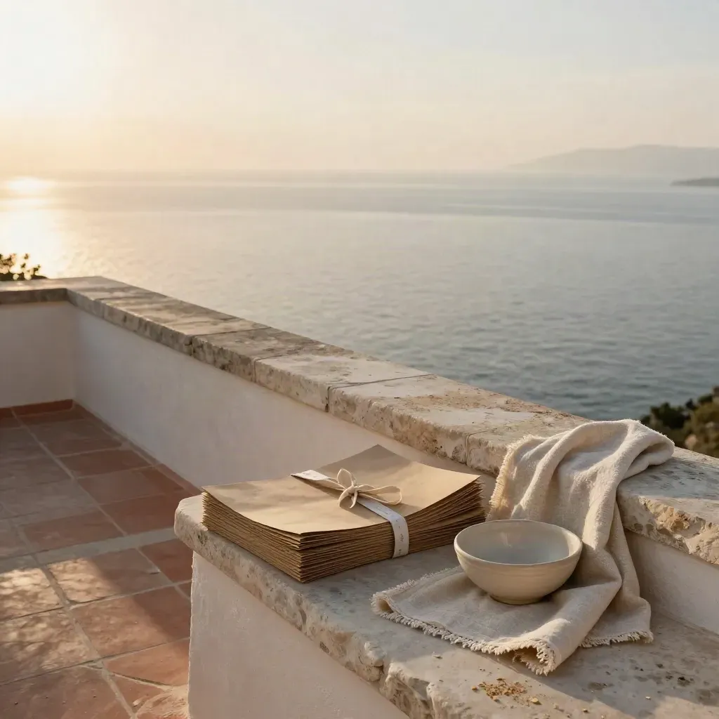 Terrazza mediterranea al tramonto con carta kraft, nastri e ciotola ceramica su pietra chiara
