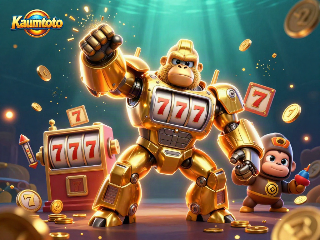 Kaumtoto's golden gorilla mech launches coins in a vibrant casino-themed scene.