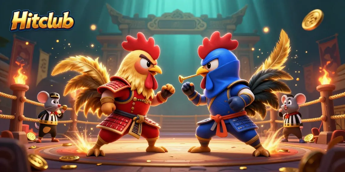 Experience thrilling gameplay with Hitclub's dramatic fighting roosters in an immersive casino scene.