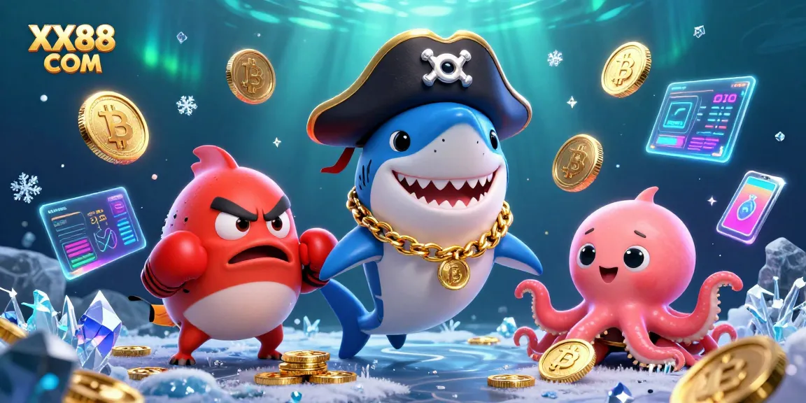 Experience thrilling gameplay at XX88 COM with our cartoon shark, pufferfish, and octopus in a vibrant casino scene.