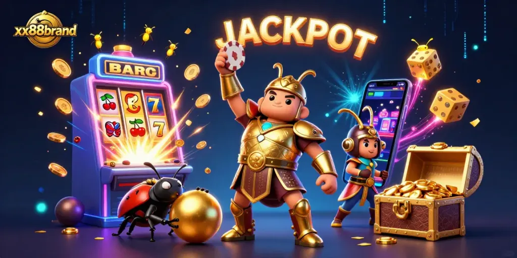 Join the xx88brand jackpot excitement with a victorious beetle lifting a poker chip!