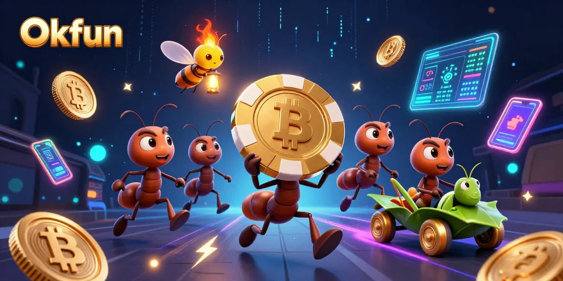 Join the exciting Okfun ants heist, transporting a giant poker chip through a dazzling crypto world!
