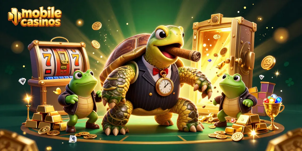 Engage with mobile casinos featuring a cartoon snapping turtle mobster and bullfrog enforcers amidst treasure and slot reels.