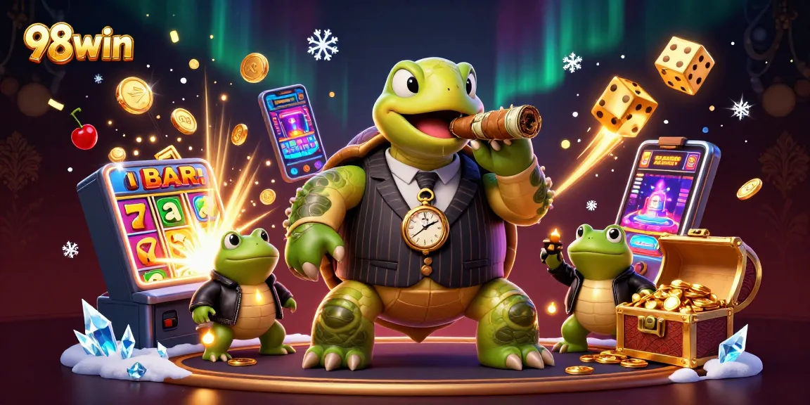 Win big at 98win with an exciting jackpot scene featuring casino characters and elements.