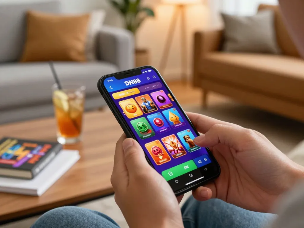 Experience online gaming at DN88 with a smartphone in a cozy environment.