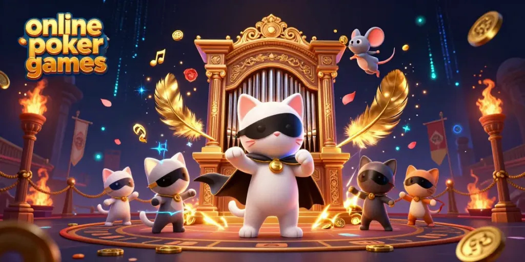 Engage with exciting online poker games while enjoying a whimsical casino scene filled with characters and game elements.