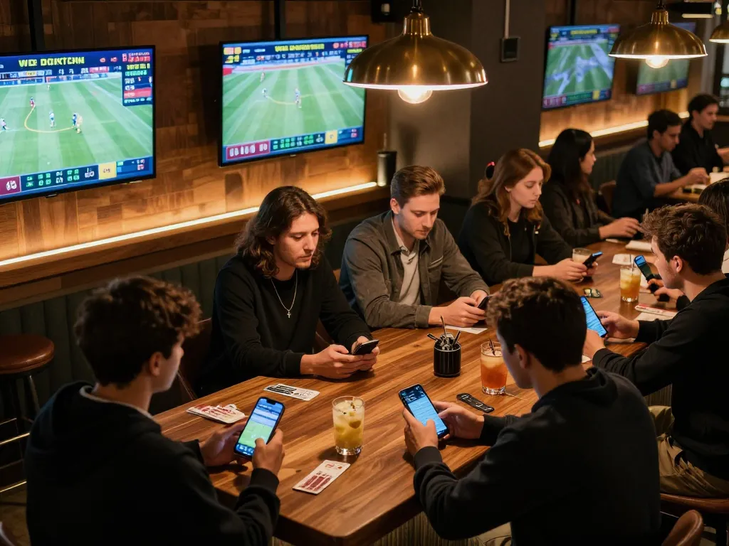 Sports betting enthusiasts engage with apps discussing 33 win strategies in a modern lounge atmosphere.