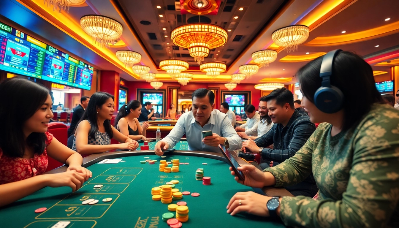 Experience thrilling gaming at 98win's vibrant casino atmosphere with players engaged in action.