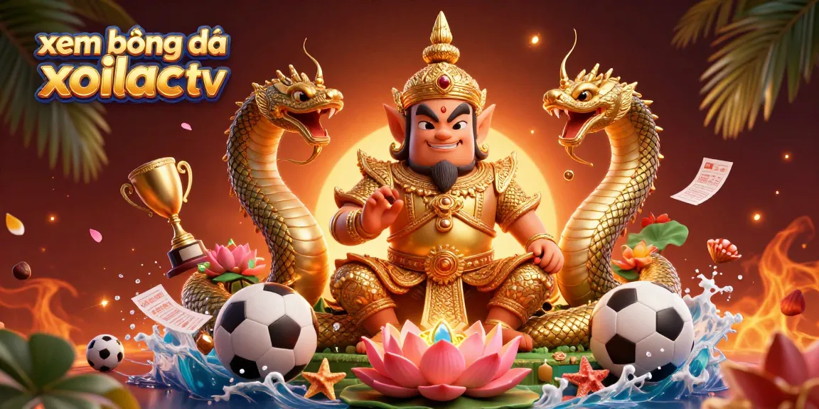 xem bóng đá xoilac tv showcasing a vibrant 3D illustration with a temple guardian, dynamic sports elements, and rich details.