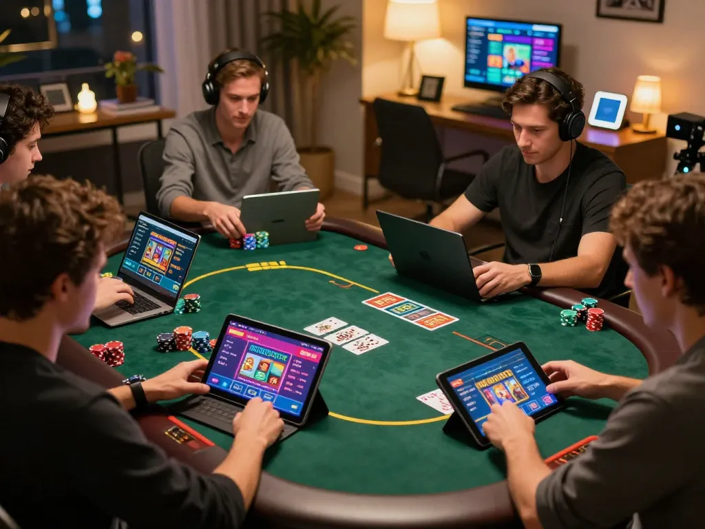 KJC Global online gaming session with players actively engaging on tablets and laptops in a modern home