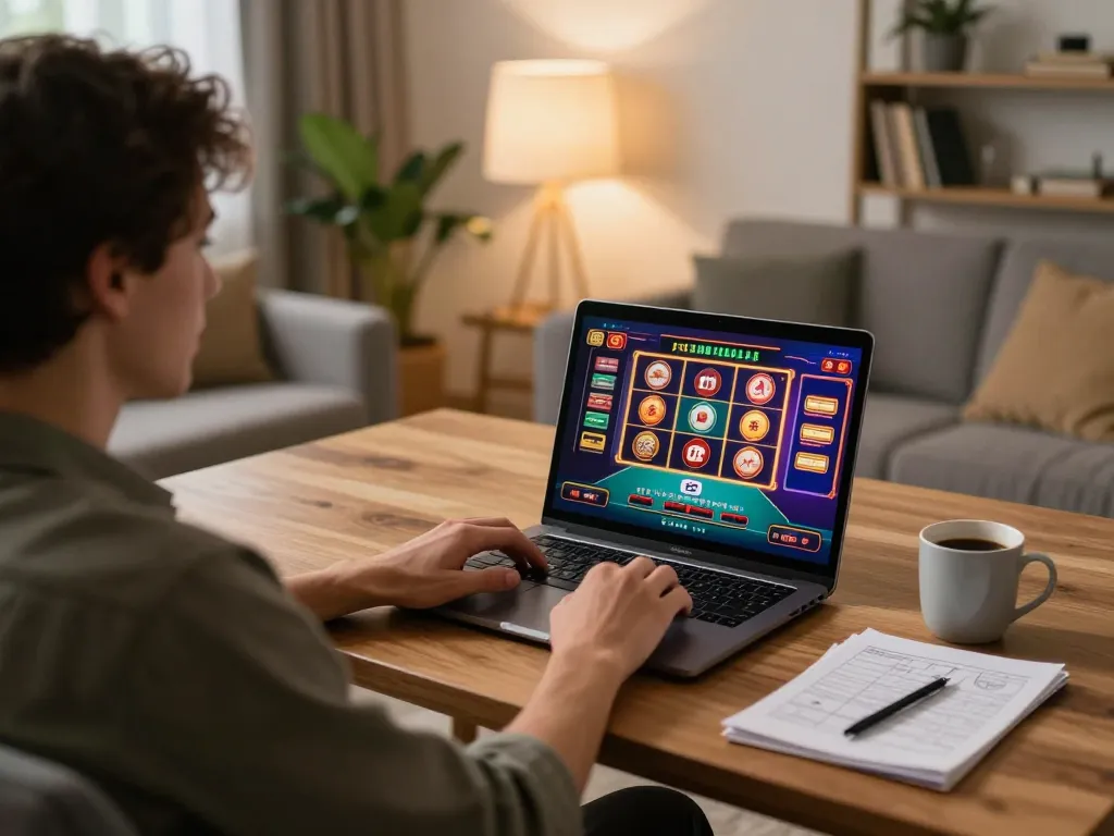 Engaging in casino gameplay on trang chủ 32win from a cozy home setup, showcasing responsible gaming