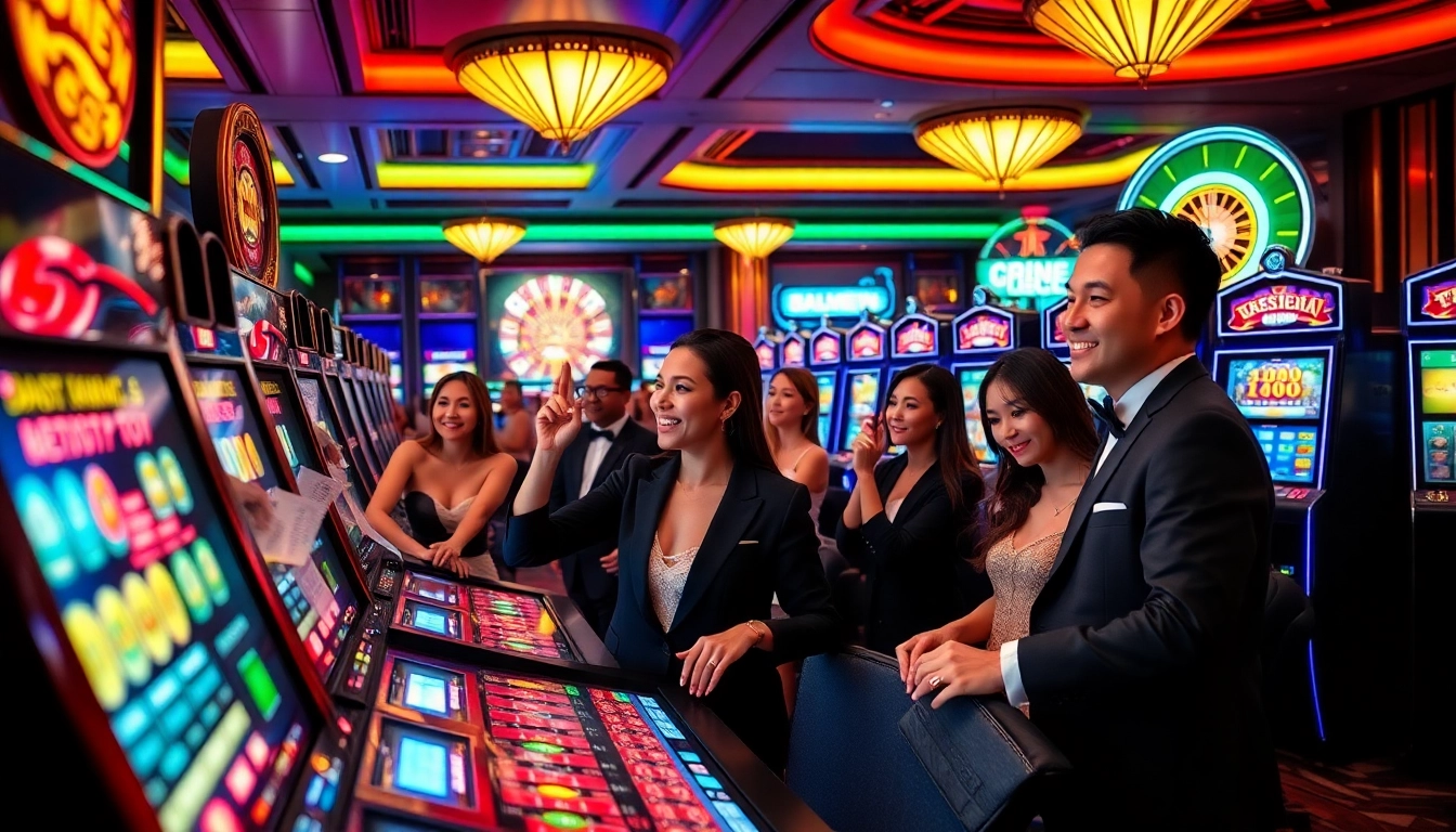 Players enjoying the excitement of nổ hũ slots in a vibrant casino setting, capturing their joy and thrill.