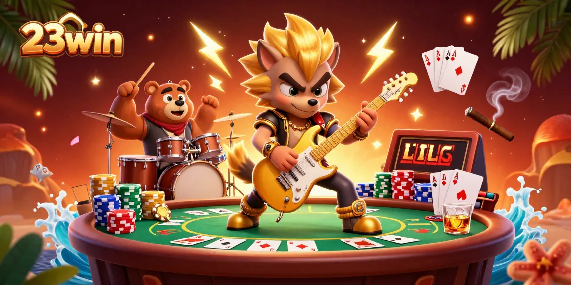 Experience intense gaming with 23win as a rock star wolf plays guitar on stage.