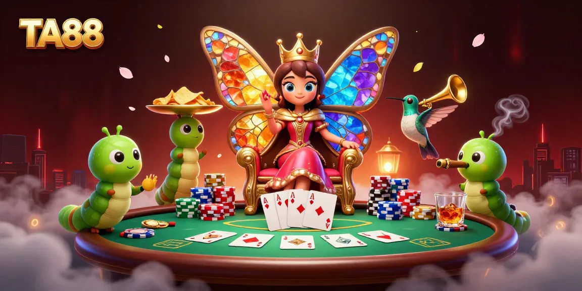 Engage in strategic plays with TA88’s vibrant online casino scene featuring a butterfly queen and poker chips.