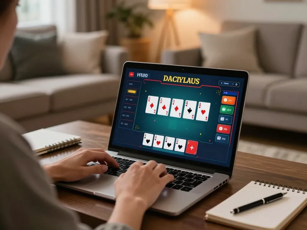 Engaging in Đăng Ký 98WIN with a laptop displaying poker gameplay in a warm, stylish home.