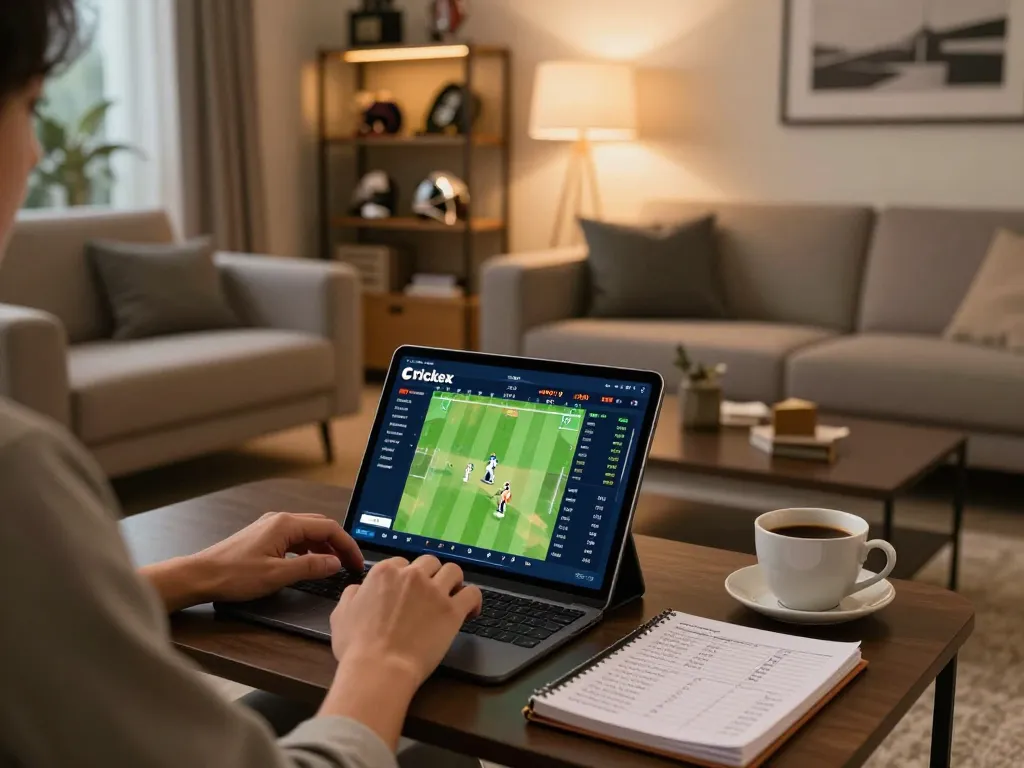 Engaging in live cricket betting on Crickex's tablet interface in a cozy home setting.