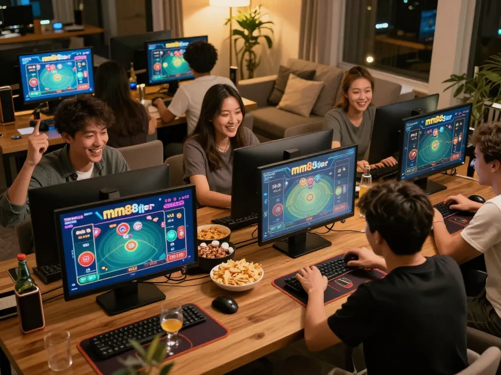 Players enjoying mm88star online gaming experience at home with screens showing betting options and friendly atmosphere.