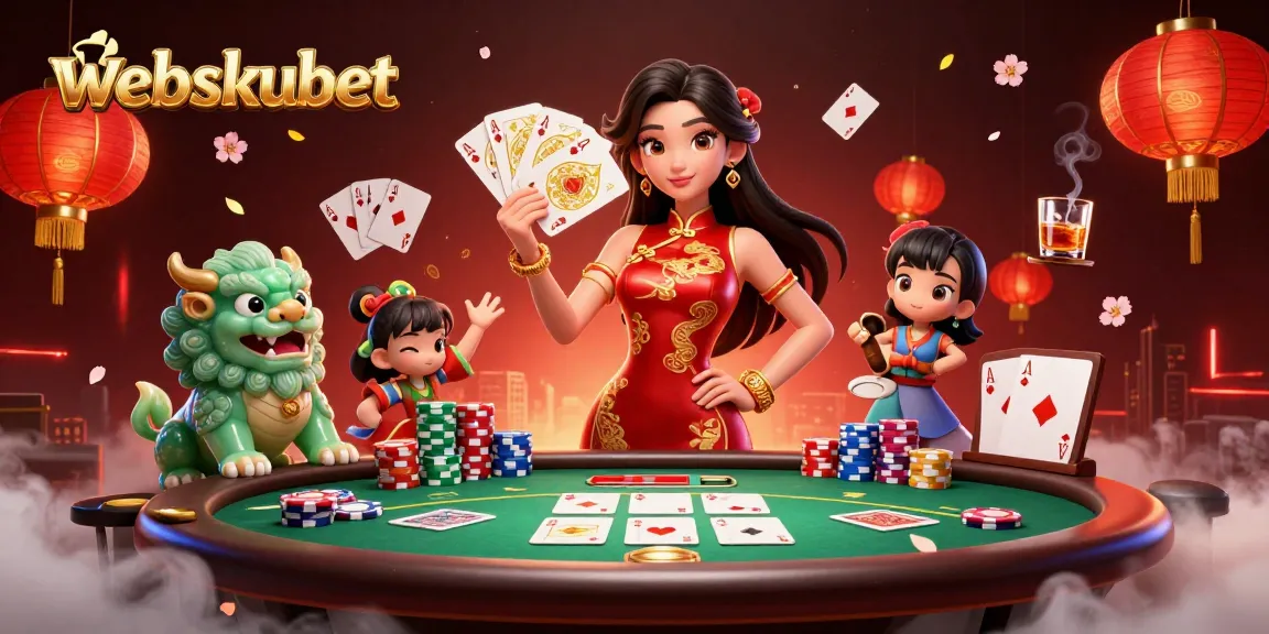 Engage with webskubet's vibrant casino atmosphere featuring a woman and jade lion guardian in a dynamic gambling scene.