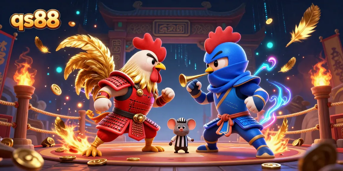 Experience the thrill of qs88 with dynamic cartoon roosters battling amid a vibrant casino arena.