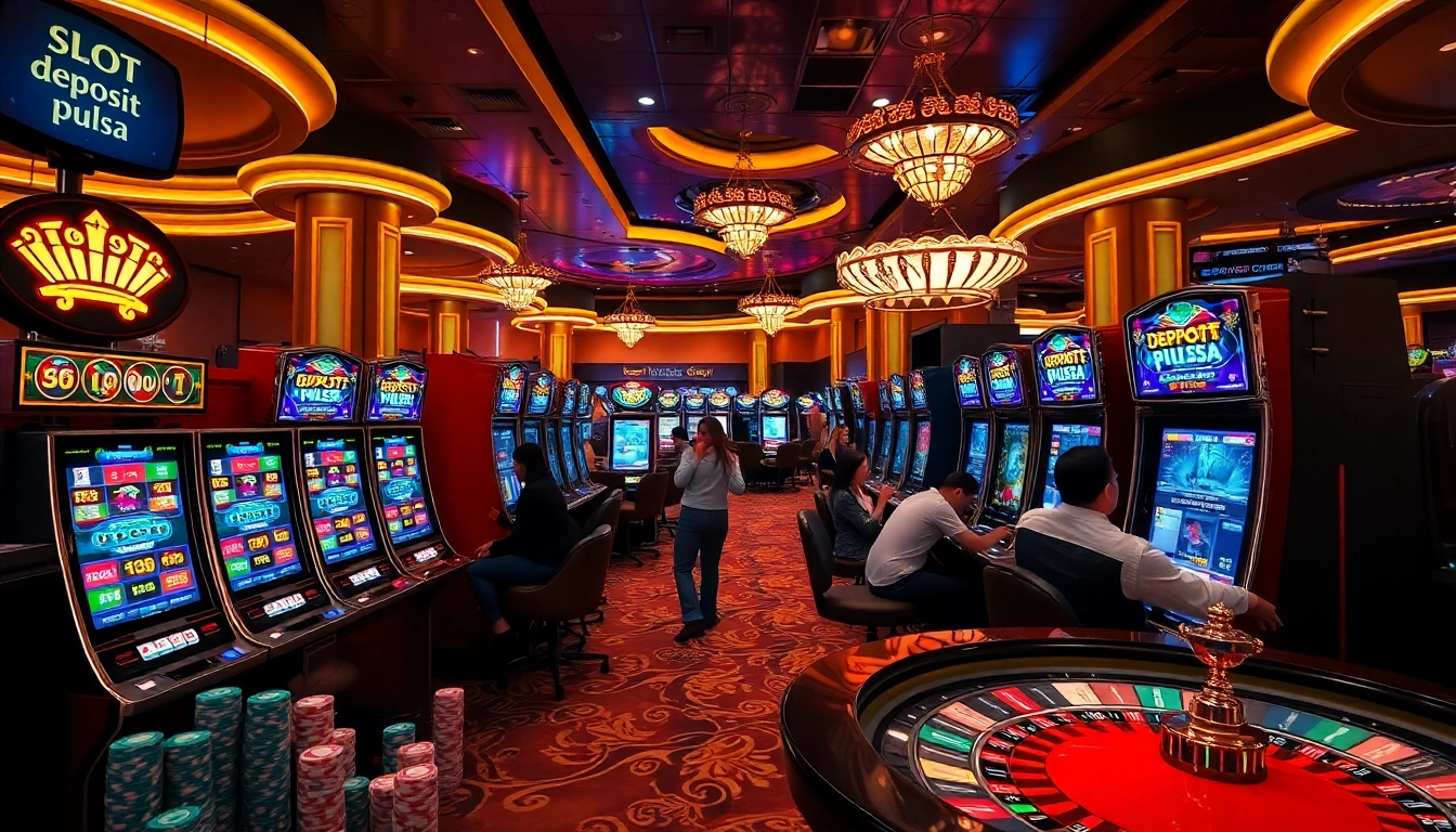 Engaging scene of a vibrant casino highlighting slot deposit pulsa with excited players and luxurious elements.