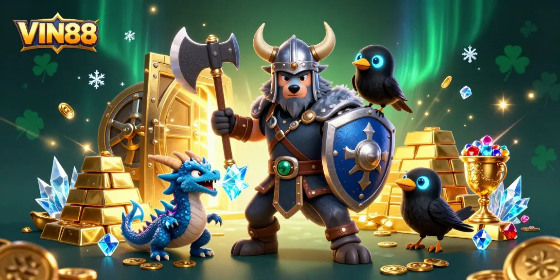 Experience the thrill of VIN88 with a Viking warrior battling for riches in a vibrant casino scene.