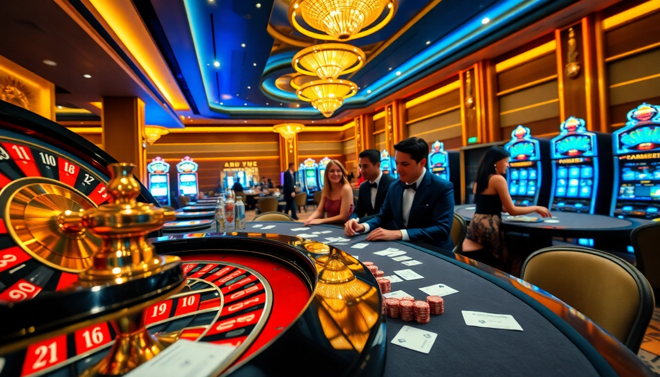 Engaging scene of OK8386 casino with poker tables, roulette wheel, and vibrant gamblers.
