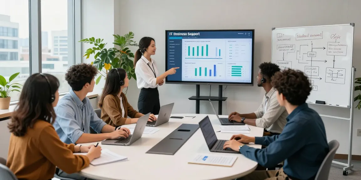 IT business support team collaborating in modern office, showcasing teamwork and innovation.